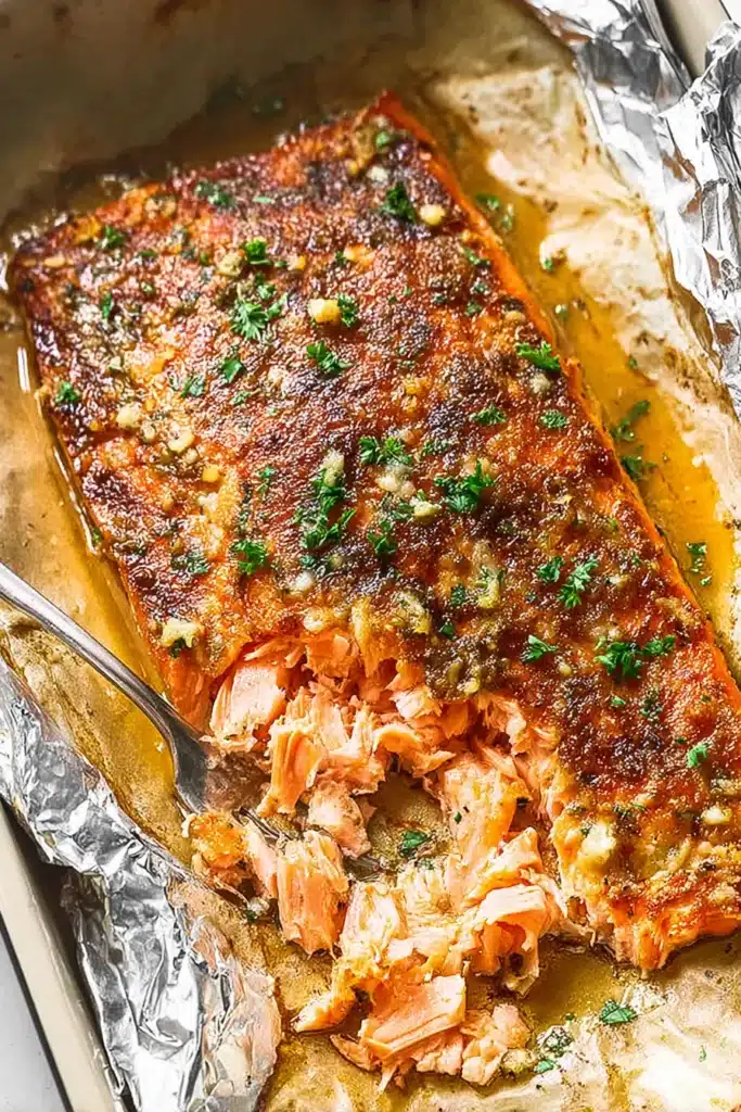 Oven baked salmon with garlic herb crust and flaky juicy texture