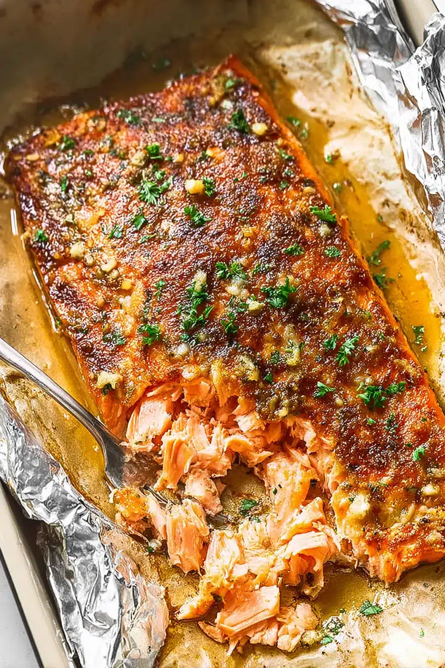 Oven baked salmon with garlic herb crust and flaky juicy texture