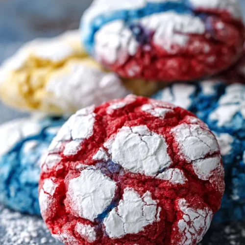 Patriotic Crinkle Cookies with red white and blue crackled tops dusted in powdered sugar