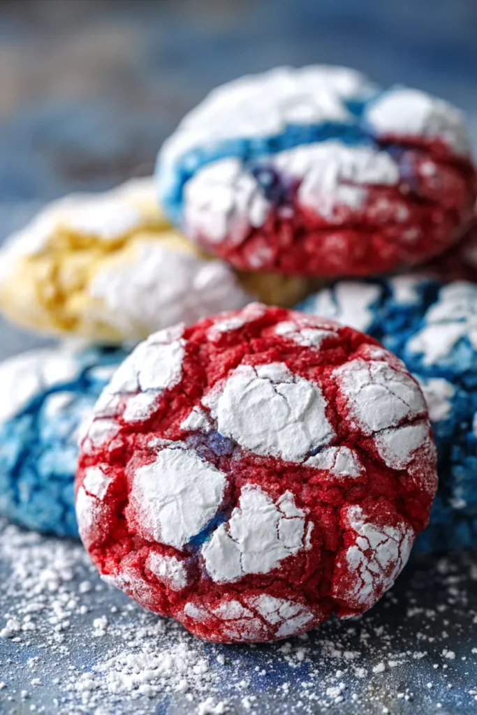 Patriotic Crinkle Cookies with red white and blue crackled tops dusted in powdered sugar