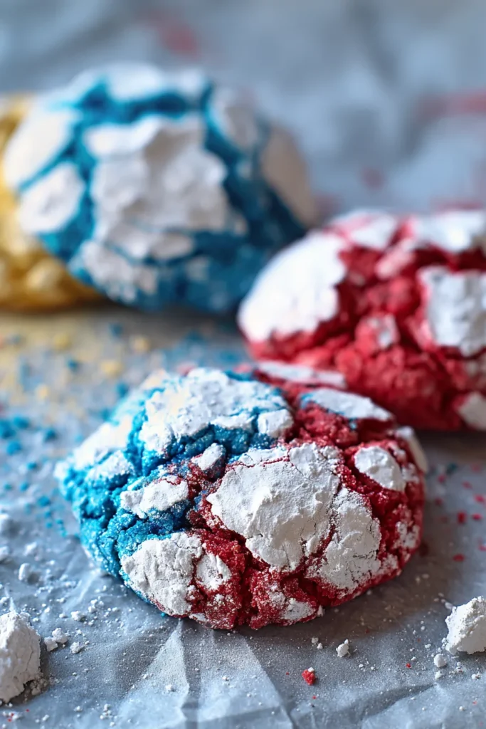 Patriotic Crinkle Cookies with powdered sugar crackled red white and blue tops