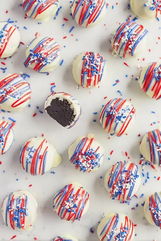 Patriotic Oreo Balls with red and blue drizzle and creamy Oreo filling