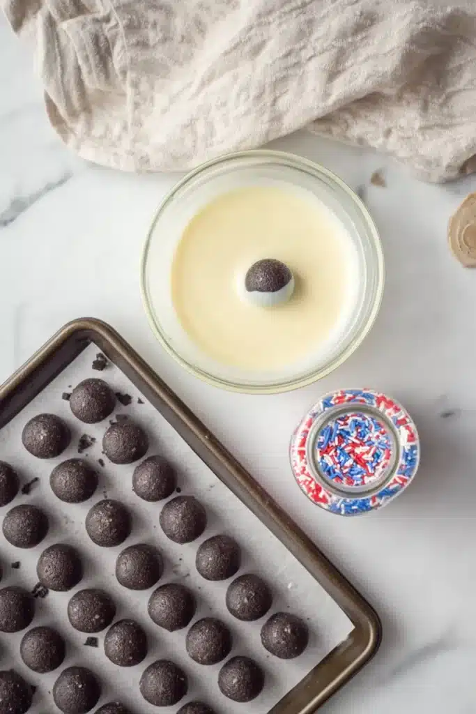 Patriotic Oreo Balls being dipped in white chocolate before decorating
