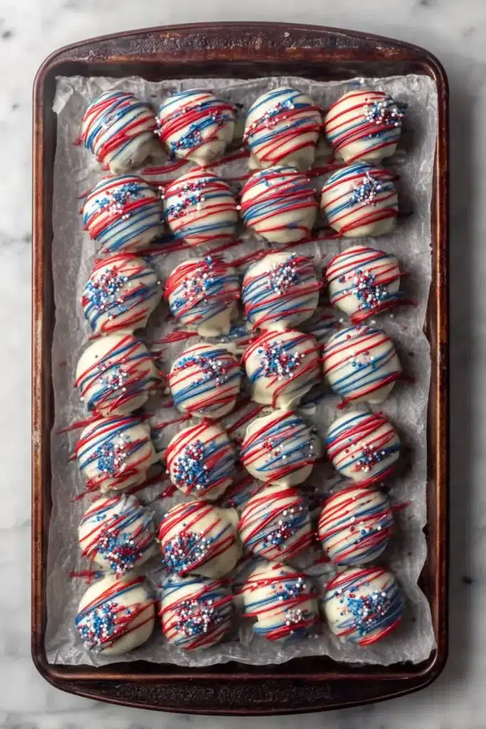 Tray of Patriotic Oreo Balls with red and blue chocolate drizzle