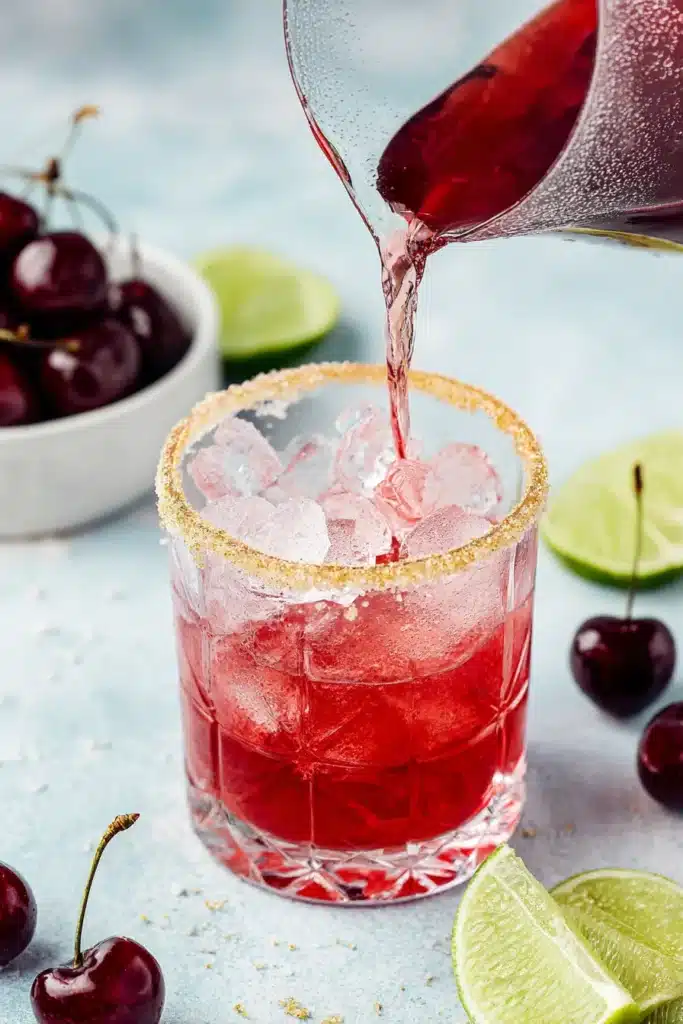 Spiked Cherry Limeade being poured over ice with sugared rim and fresh lime