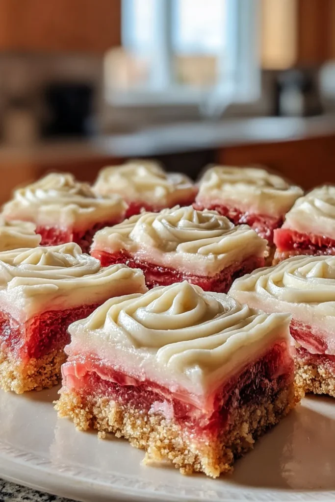Rhubarb bars with cream cheese topping and crumb crust