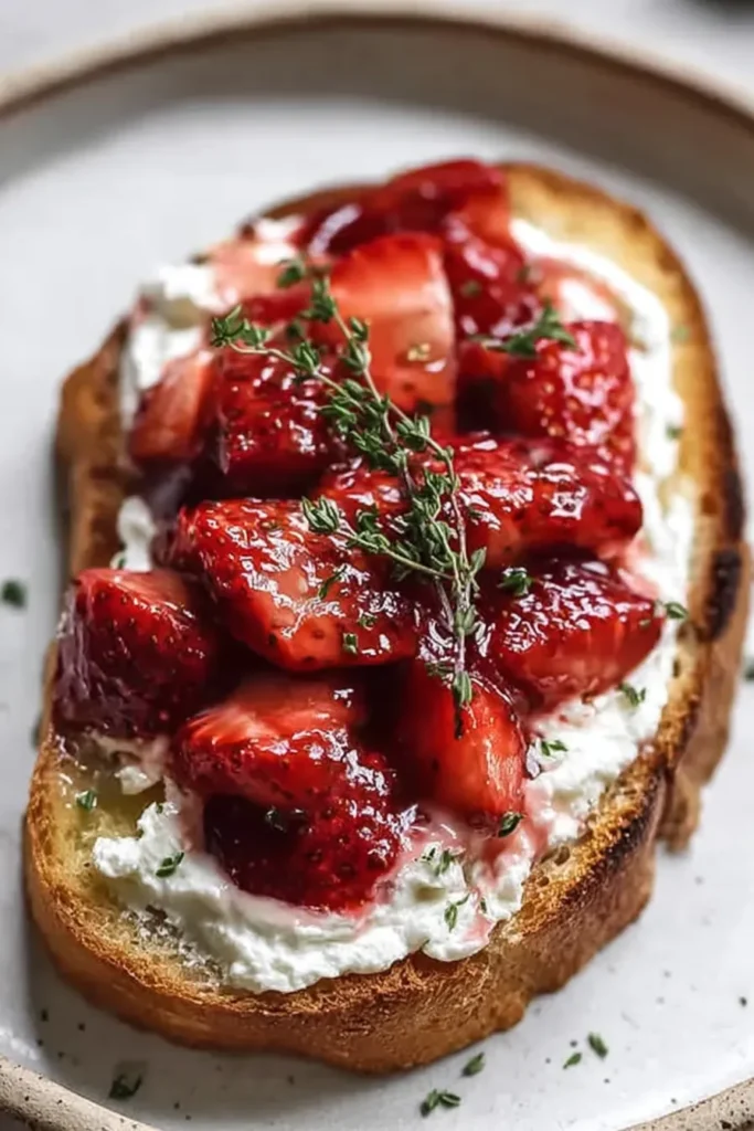 Roasted Strawberry Whipped Ricotta Toast Recipe 2 Close up of Roasted Strawberry Whipped Ricotta Toast with roasted strawberries