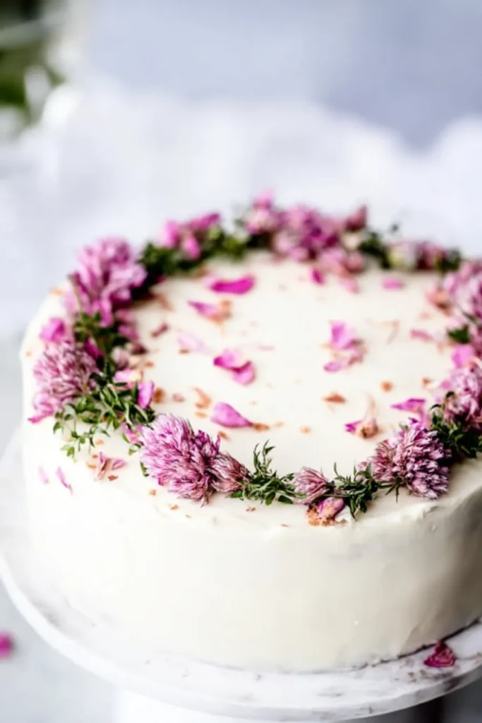 Rose Rhubarb Layer Cake with smooth frosting and floral wreath decoration