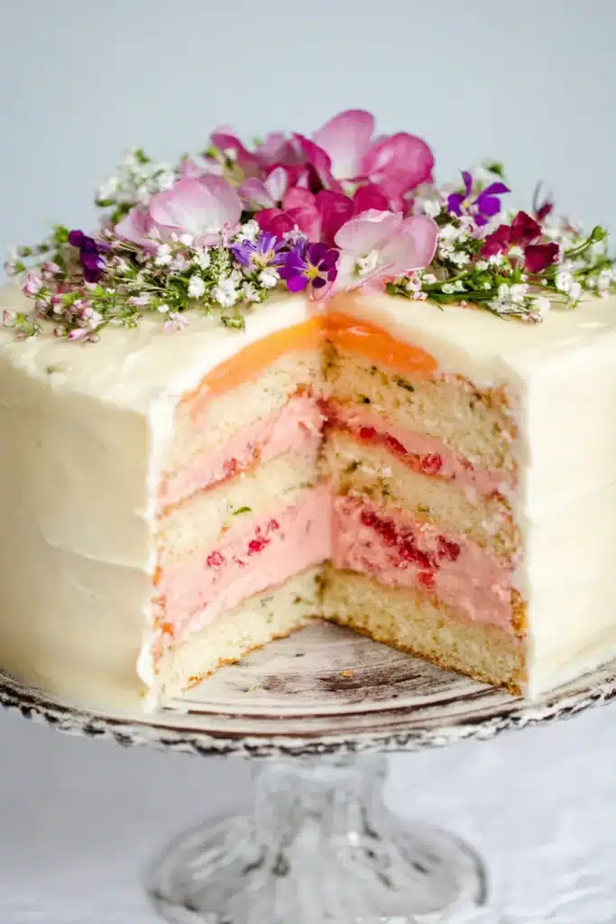 Rose Rhubarb Layer Cake slice with pink cream filling and floral decoration