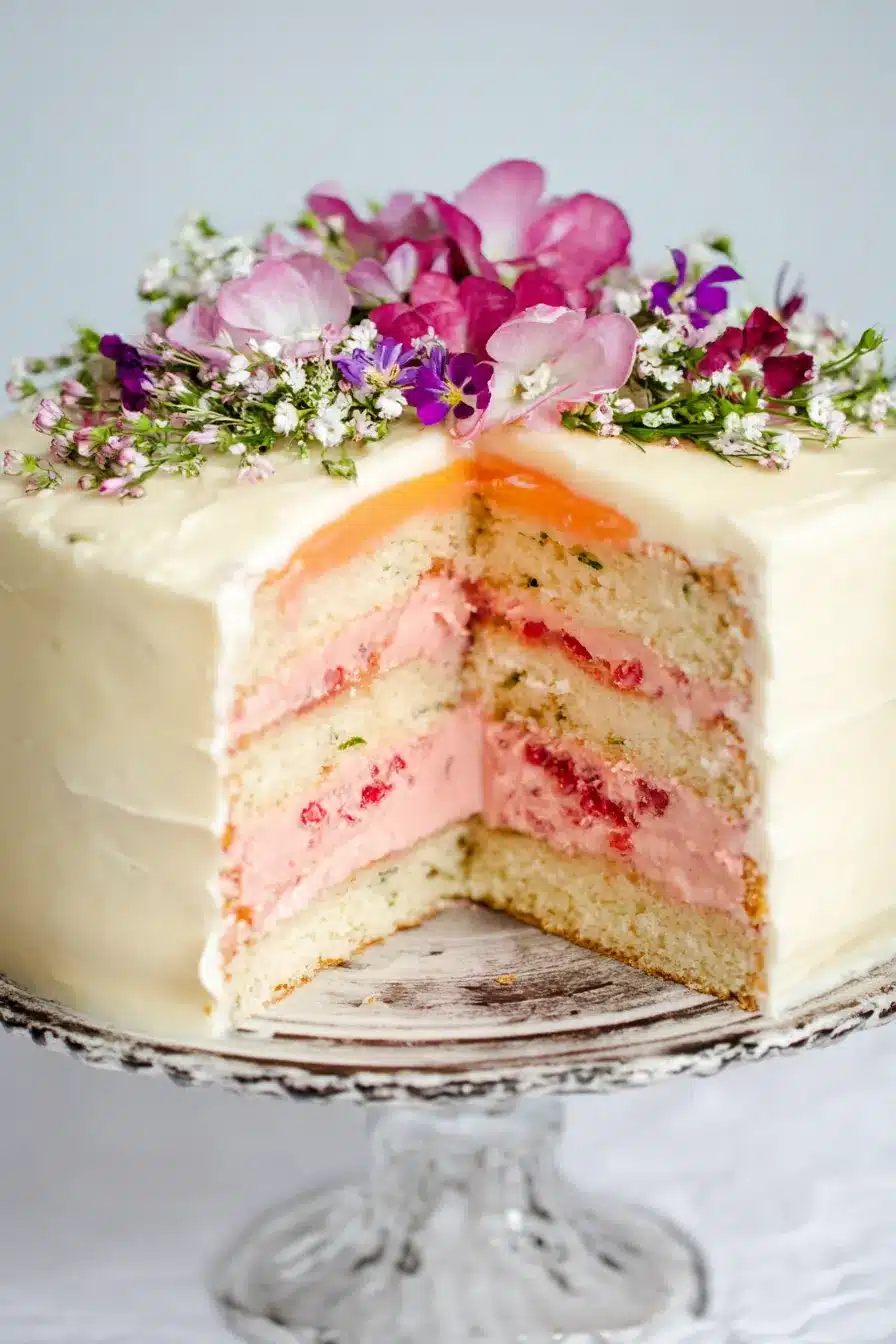 Rose Rhubarb Layer Cake slice with pink cream filling and floral decoration