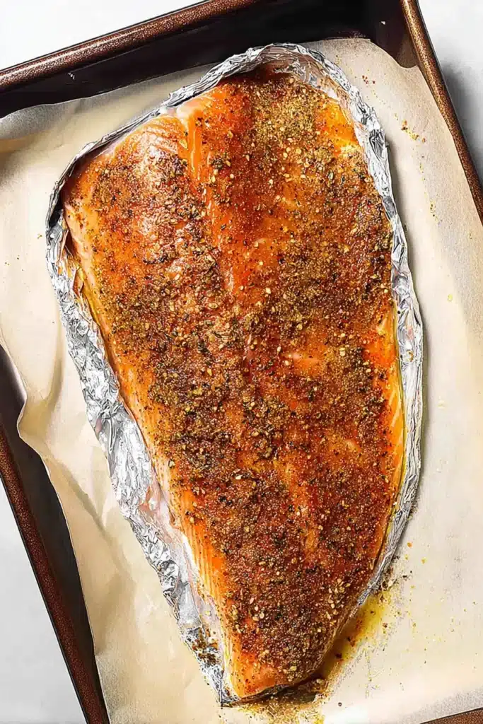 Oven Baked Salmon coated with garlic herb seasoning before baking