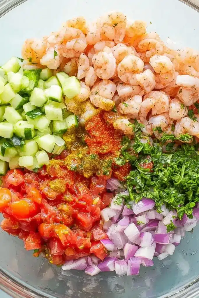 Shrimp Ceviche ingredients in a mixing bowl before combining
