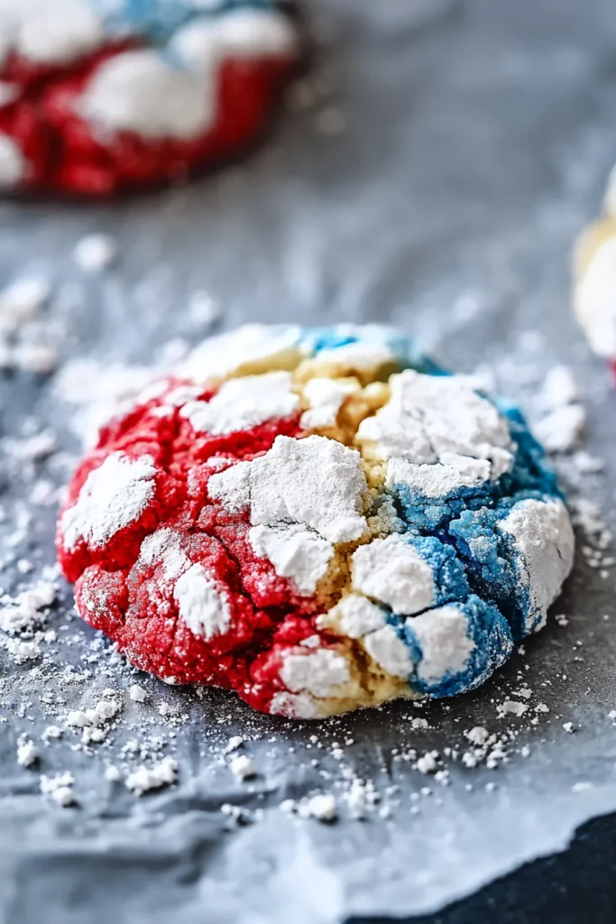 Patriotic Crinkle Cookies with soft chewy centers and crackled powdered sugar tops