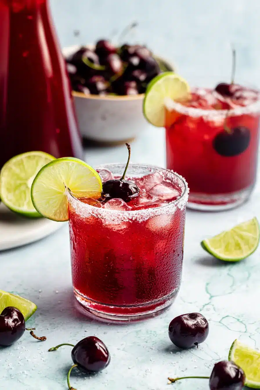 Spiked Cherry Limeade cocktails with fresh cherries, lime wedges, ice, and sugared rims
