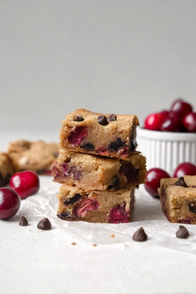 Stacked cherry chocolate chip blondies with fresh cherries and dark chocolate chips