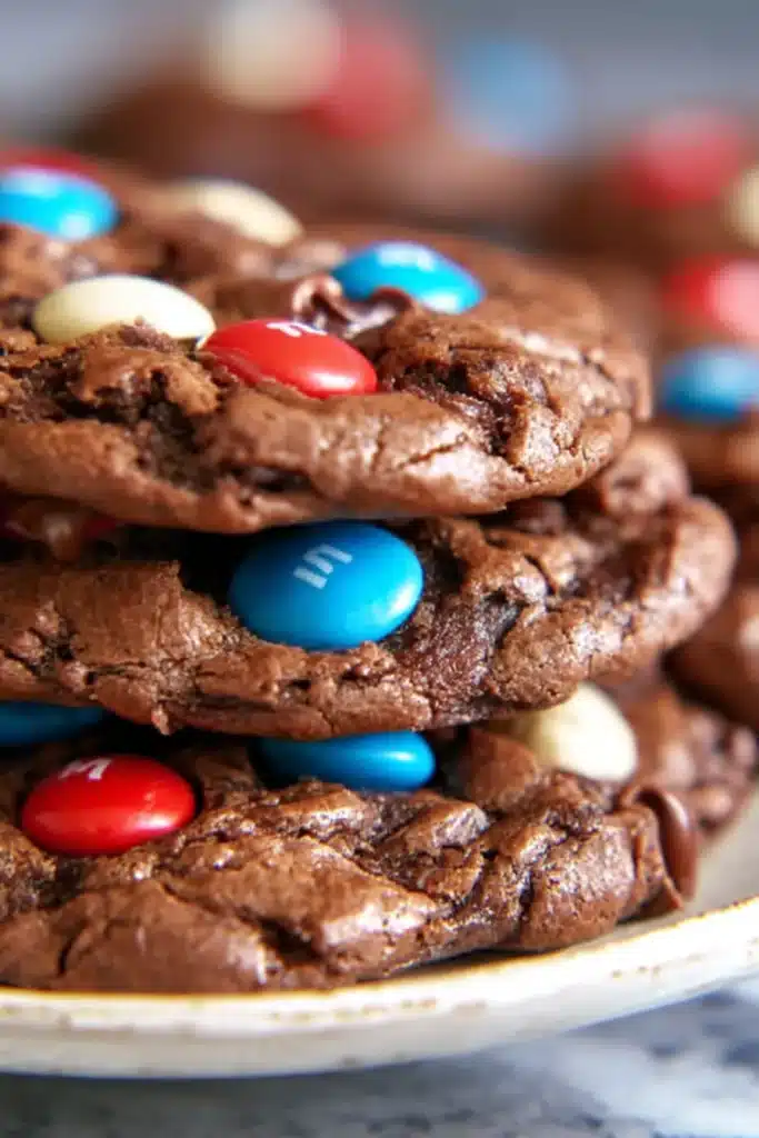 Chewy Patriotic Brownie Cookies stacked with chocolate chips and patriotic candies