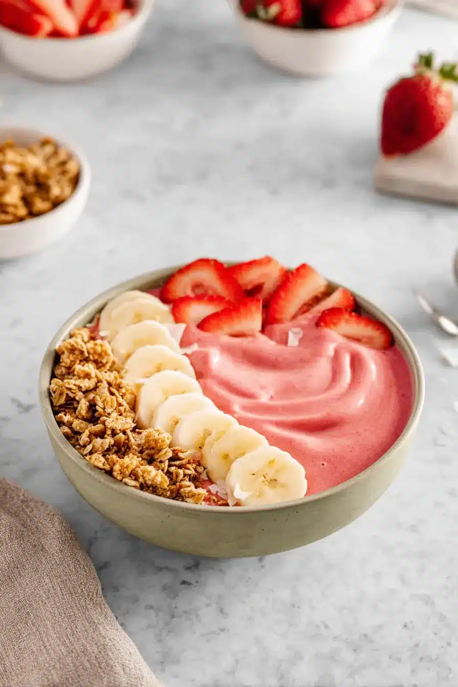 Strawberry banana smoothie bowl with fresh fruit and granola toppings