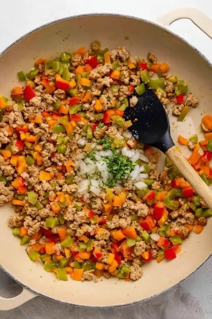 Stuffed Pepper Casserole 2 Stuffed Pepper Casserole ingredients cooking with sausage and bell peppers