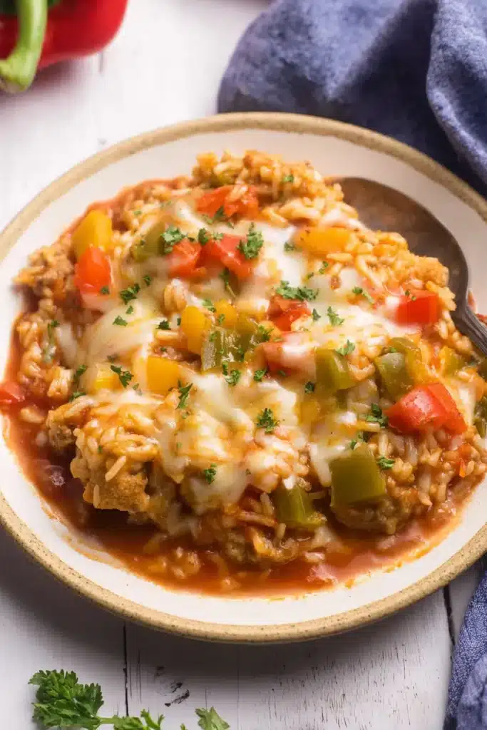Stuffed Pepper Casserole 1 Stuffed pepper casserole with melted cheese, rice, sausage, and bell peppers