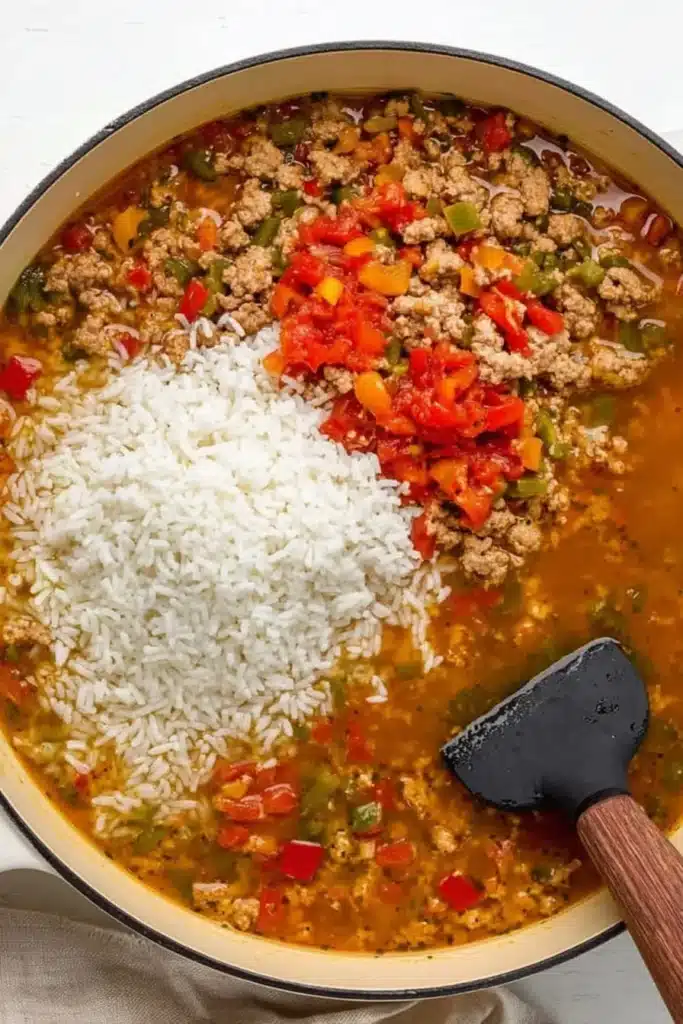 Stuffed Pepper Casserole 3 Stuffed Pepper Casserole simmering with rice, sausage, peppers, and salsa