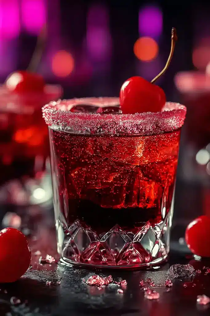 Twisted Cherry Shots 1 Twisted Cherry Shots with sparkling sugar rim and cherry garnish