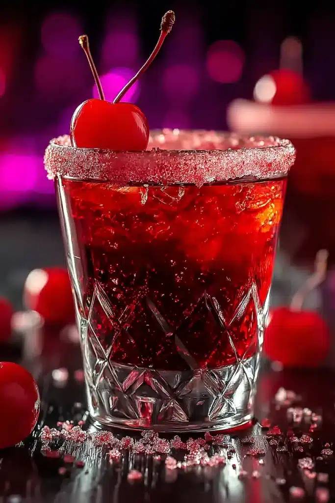 Twisted Cherry Shots 2 Twisted Cherry Shots with sparkling sugar rim and cherries