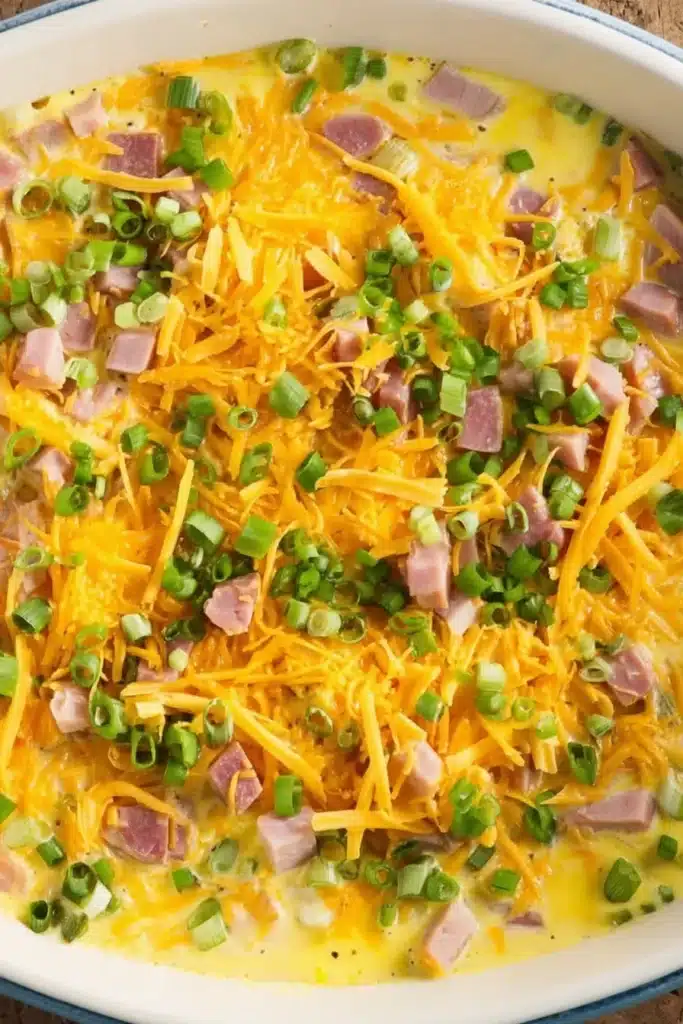 Hash Brown Egg Casserole with egg mixture cheese and ham before baking