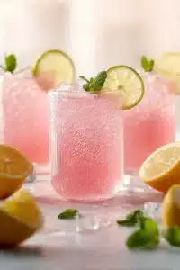 Zesty Honey Lemon Pink Soda with sparkling bubbles and fresh lemon garnish