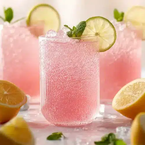 Zesty Honey Lemon Pink Soda 4 Zesty Honey Lemon Pink Soda with sparkling bubbles and fresh lemon garnish