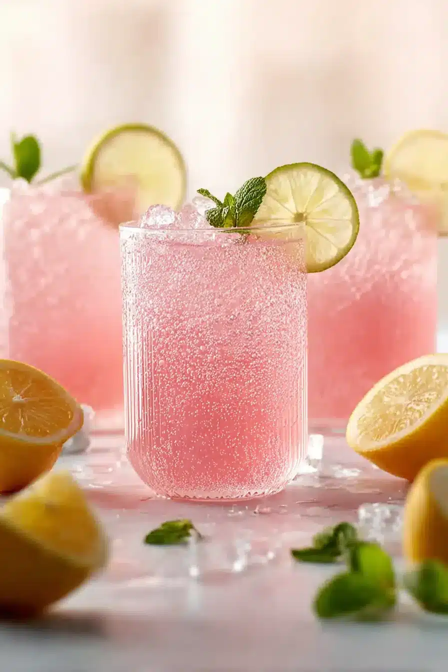 Zesty Honey Lemon Pink Soda with sparkling bubbles and fresh lemon garnish