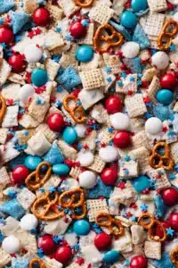4th of July Snack Mix with white chocolate, cereal, pretzels, candies and patriotic sprinkles