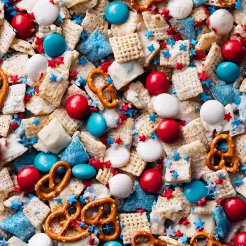 4th of July Snack Mix with white chocolate, cereal, pretzels, candies and patriotic sprinkles
