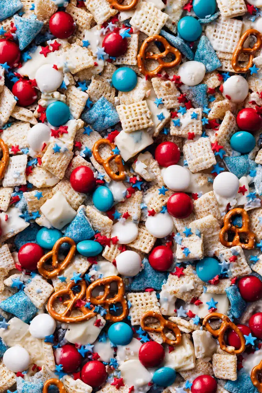 4th of July Snack Mix with white chocolate, cereal, pretzels, candies and patriotic sprinkles