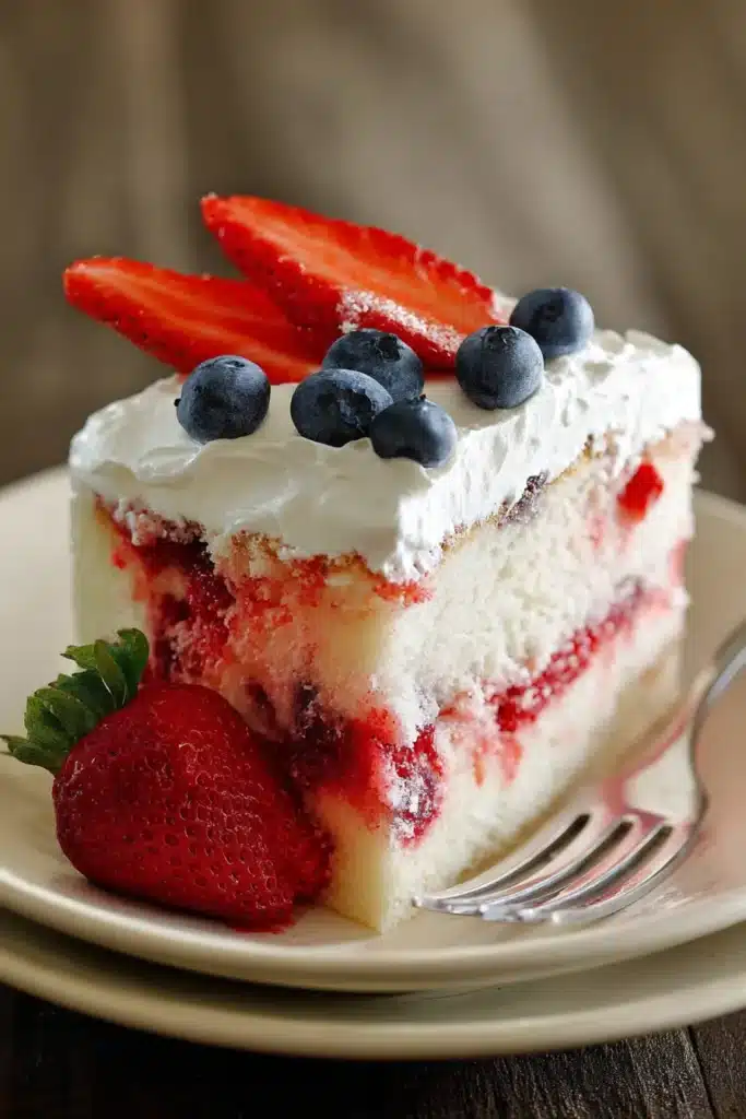 American Flag Strawberry Poke Cake slice with cream cheese frosting and fresh berries