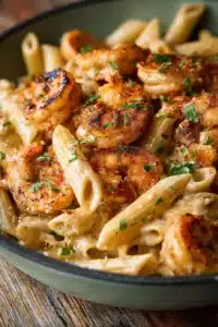 Cajun Shrimp Pasta with seared shrimp and creamy Parmesan penne pasta
