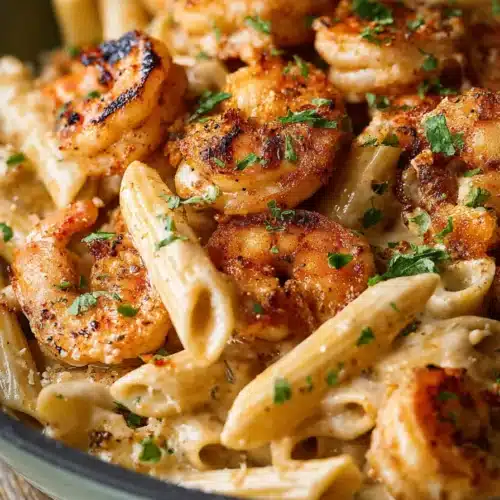 Cajun Shrimp Pasta with seared shrimp and creamy Parmesan penne pasta