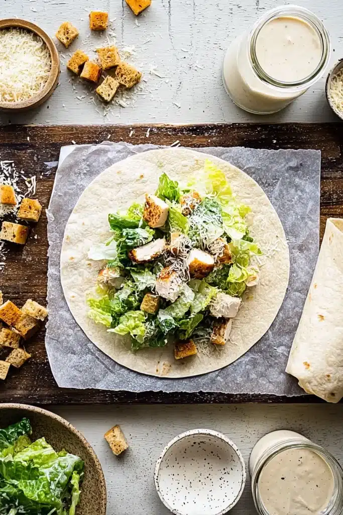 Chicken Caesar Wrap: Easy, Creamy, and Perfect for Busy Nights 3 Chicken Caesar Wrap being assembled with lettuce, chicken, croutons, and dressing