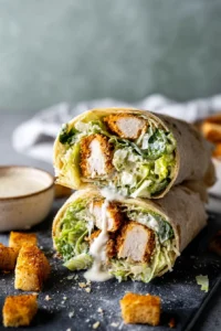 Chicken Caesar Wrap with crispy chicken, romaine, Parmesan, and Caesar dressing