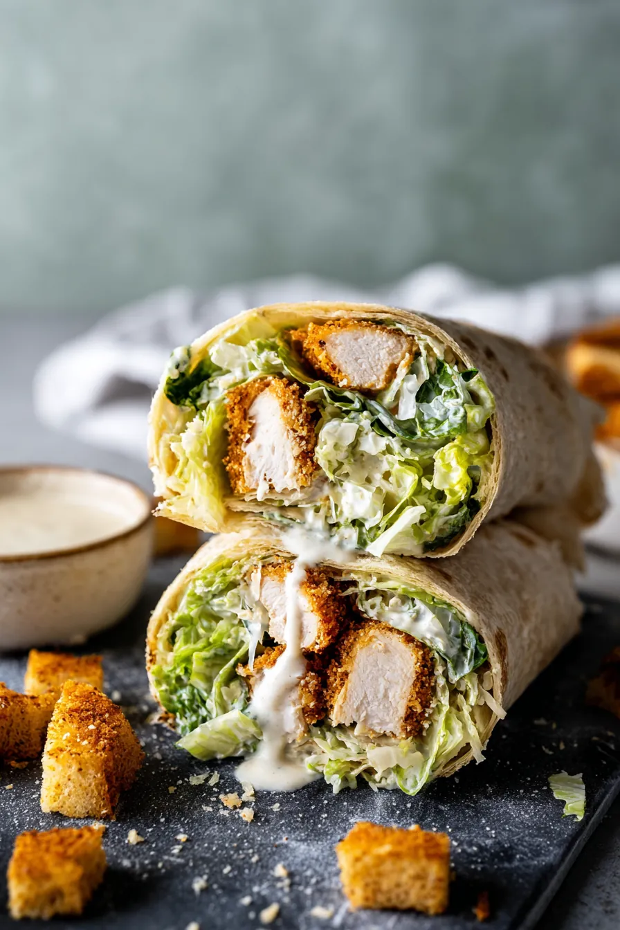 home 6 Chicken Caesar Wrap with crispy chicken, romaine, Parmesan, and Caesar dressing