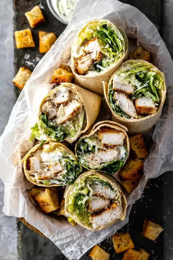 Chicken Caesar Wrap: Easy, Creamy, and Perfect for Busy Nights 4 Chicken Caesar Wrap halves served with croutons and creamy Caesar filling