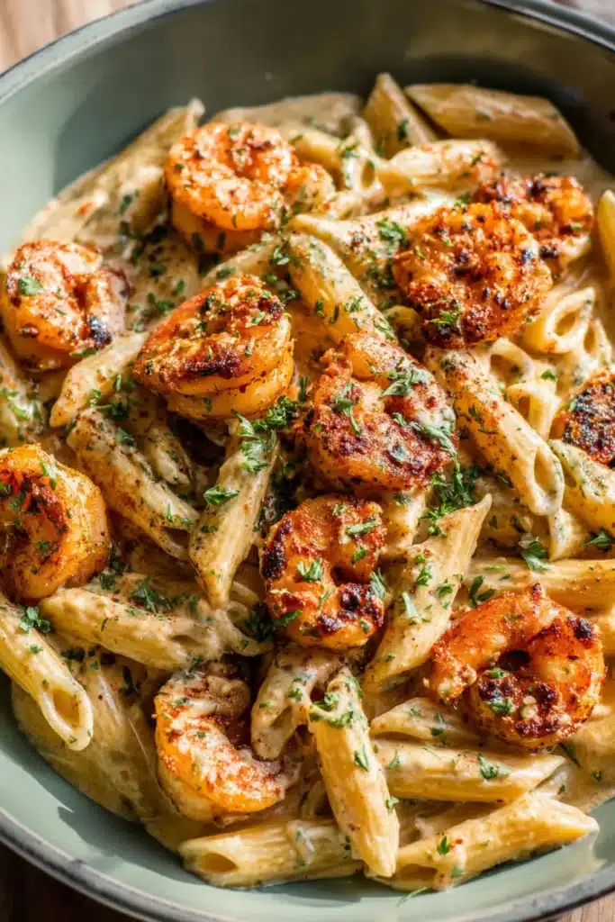 Creamy Cajun Shrimp Pasta with seared shrimp, Parmesan sauce, and penne pasta