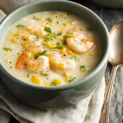 Creamy Shrimp and Corn Soup with tender shrimp, sweet corn, and green onions