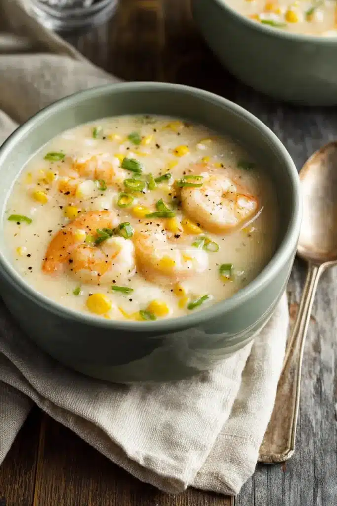 Creamy Shrimp and Corn Soup with tender shrimp, sweet corn, and green onions