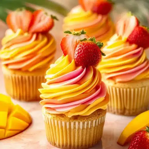 Fresh Mango Lemonade inspired tropical cupcakes with mango and strawberry topping