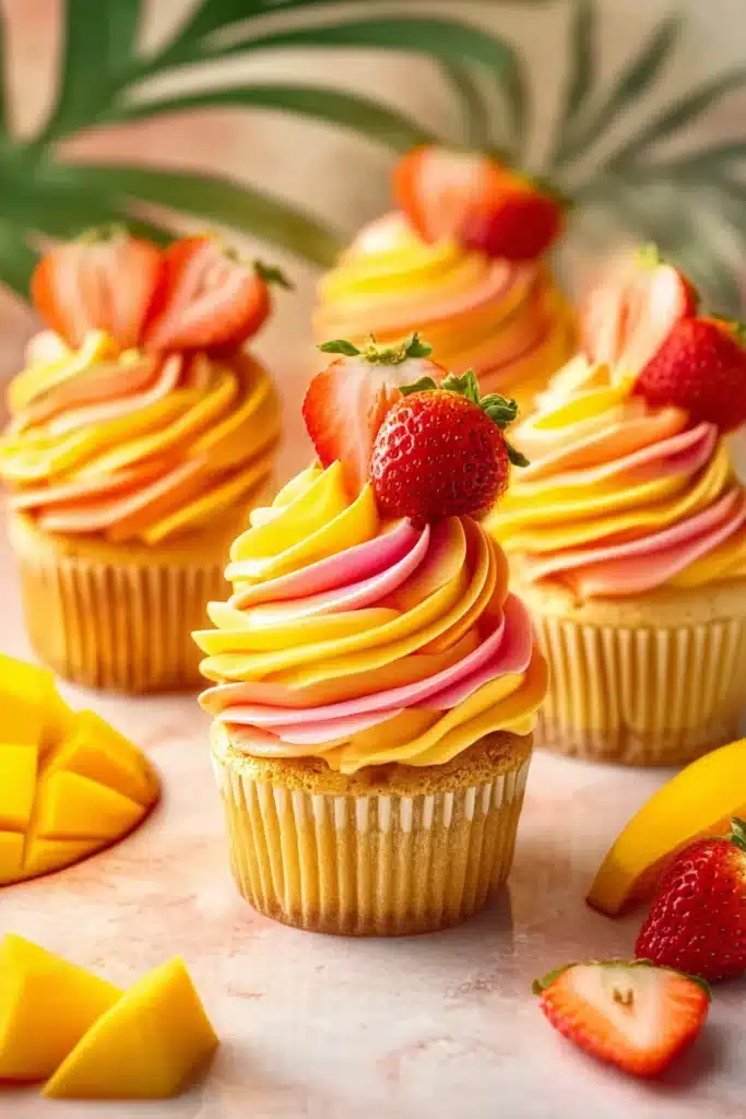 Fresh Mango Lemonade inspired tropical cupcakes with mango and strawberry topping