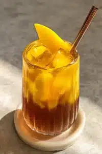Homemade Mango Iced Tea with fresh mango garnish and ice