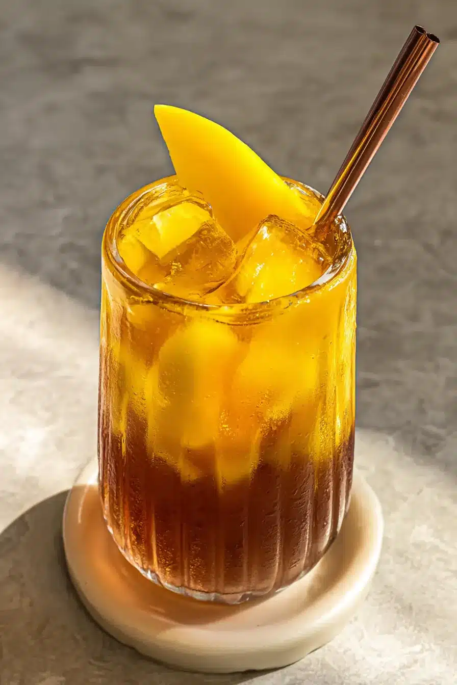 Homemade Mango Iced Tea with fresh mango garnish and ice