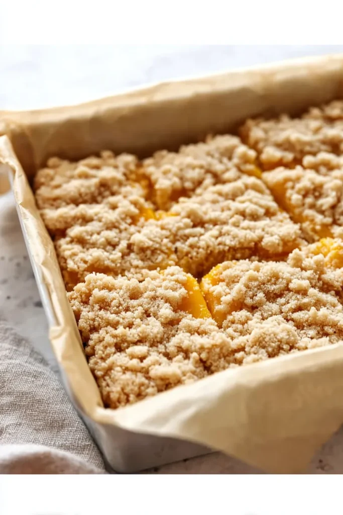 Mango Crumb Bars 3 Mango Crumb Bars with buttery crumb topping in a parchment lined baking pan