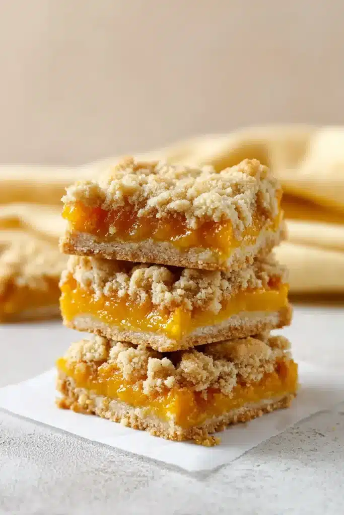 Mango Crumb Bars 2 Mango Crumb Bars stacked with buttery crumb topping and juicy mango filling