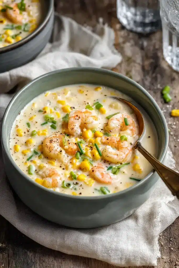 Shrimp and Corn Soup with creamy broth, tender shrimp, sweet corn, and green onions
